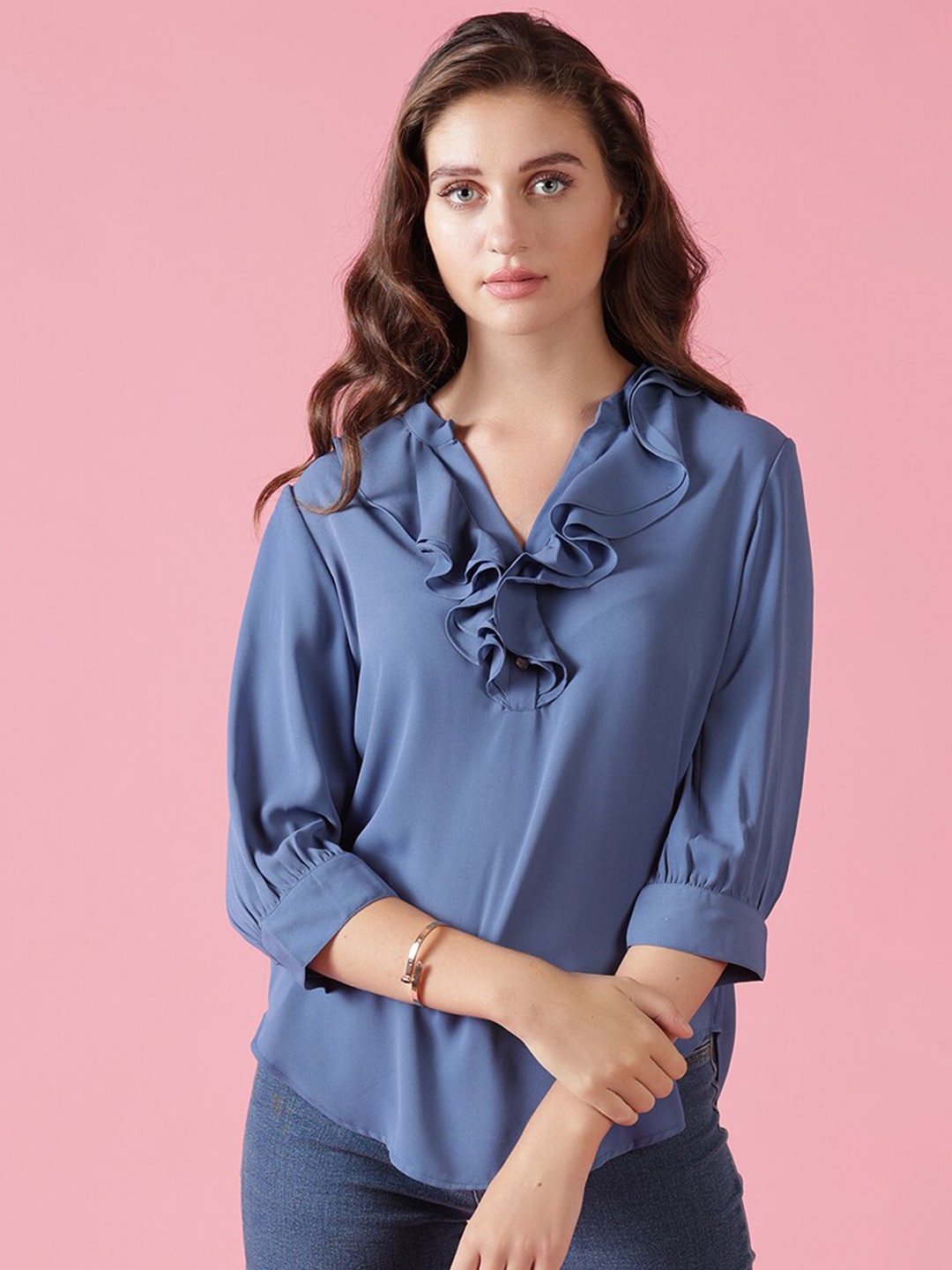 Gipsy Blue Mandarin Collar Roll-Up Sleeves Top Price in India