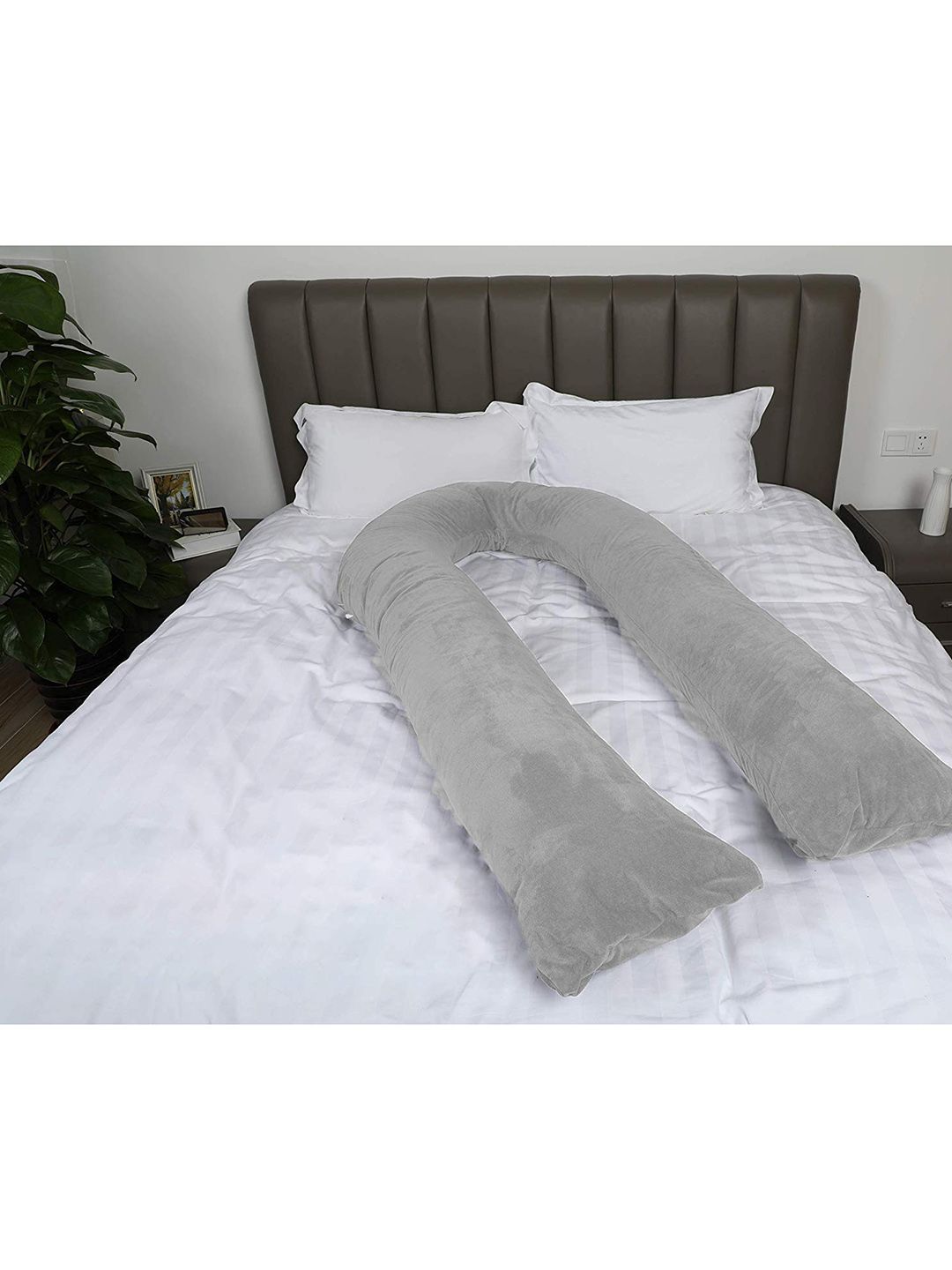 Pum Pum Hollow Fiber Grey Solid Faux Velvet Adjustable Medium Fibre Maternity Pillow-137 x 80 cm