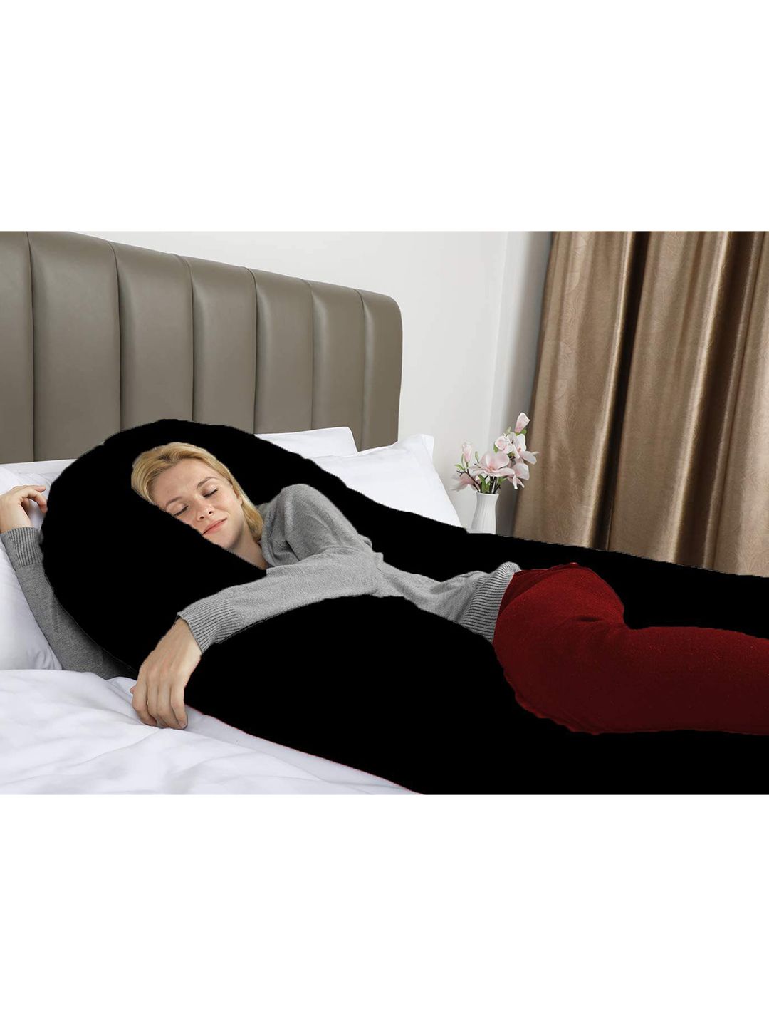 Pum Pum Hollow Fiber Black Solid Faux Velvet Ultra Soft Fibre Maternity Pillow-25.4 x 81 x 132 cm