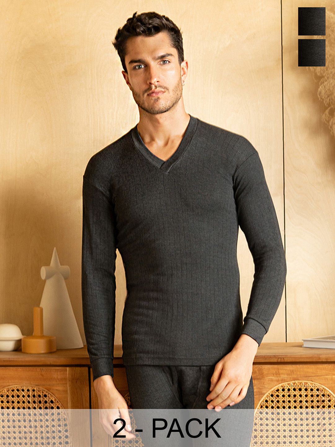 LUX PARKER Men Pack Of 2 Black Solid  Cotton Thermal Top