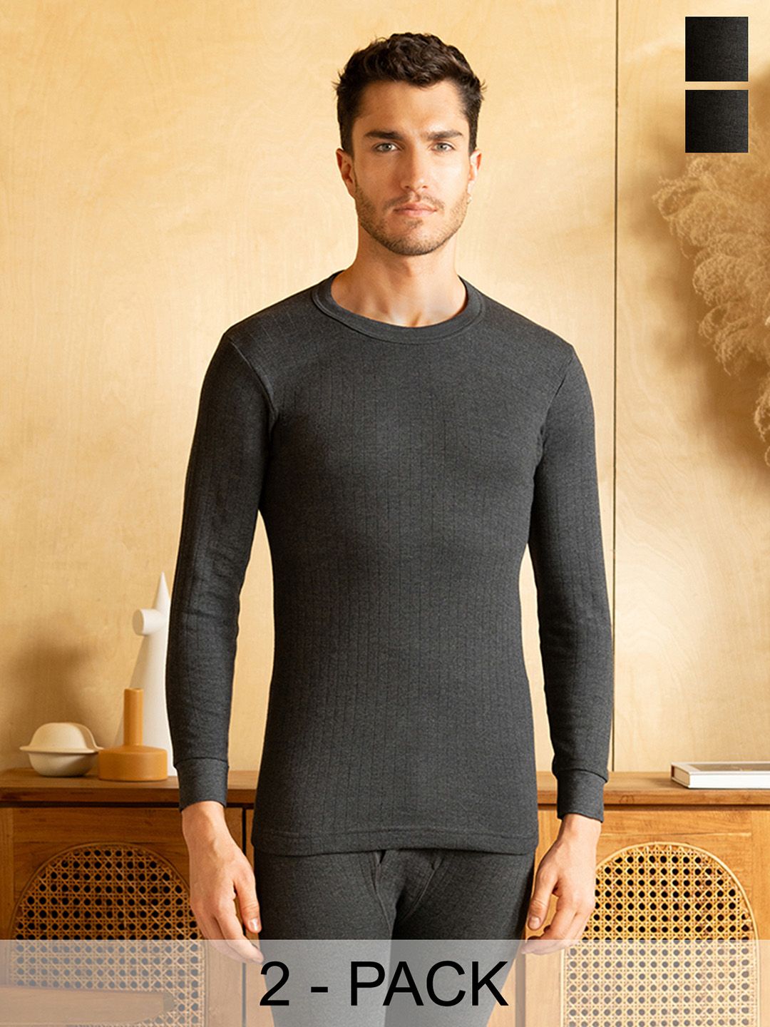LUX PARKER Men Pack of 2 Black Solid  Cotton Thermal Top