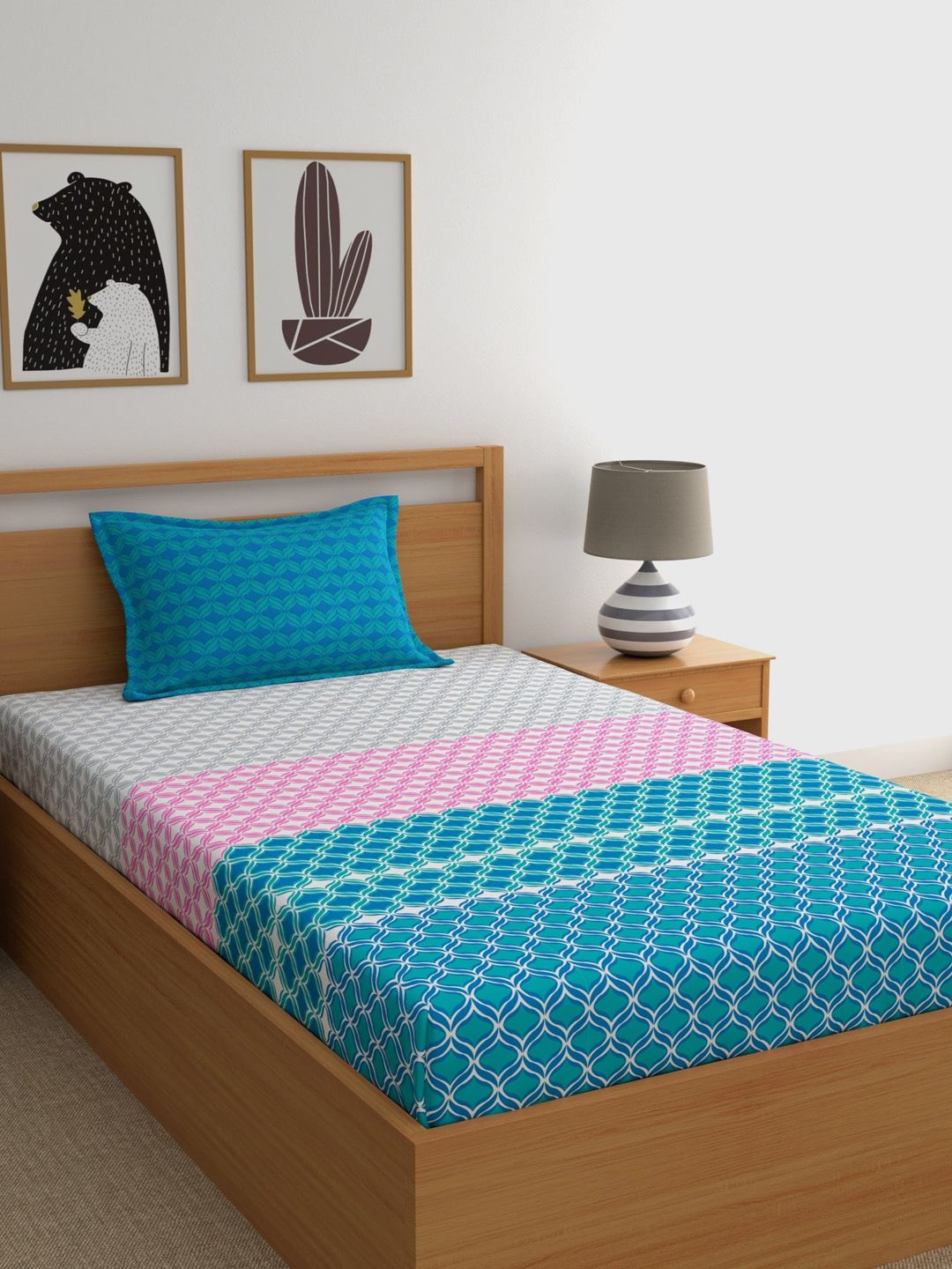 Home Ecstasy 140tc Pure Cotton printed Teal Blue Single Bedsheet with 1 Pillow Cover Price in India