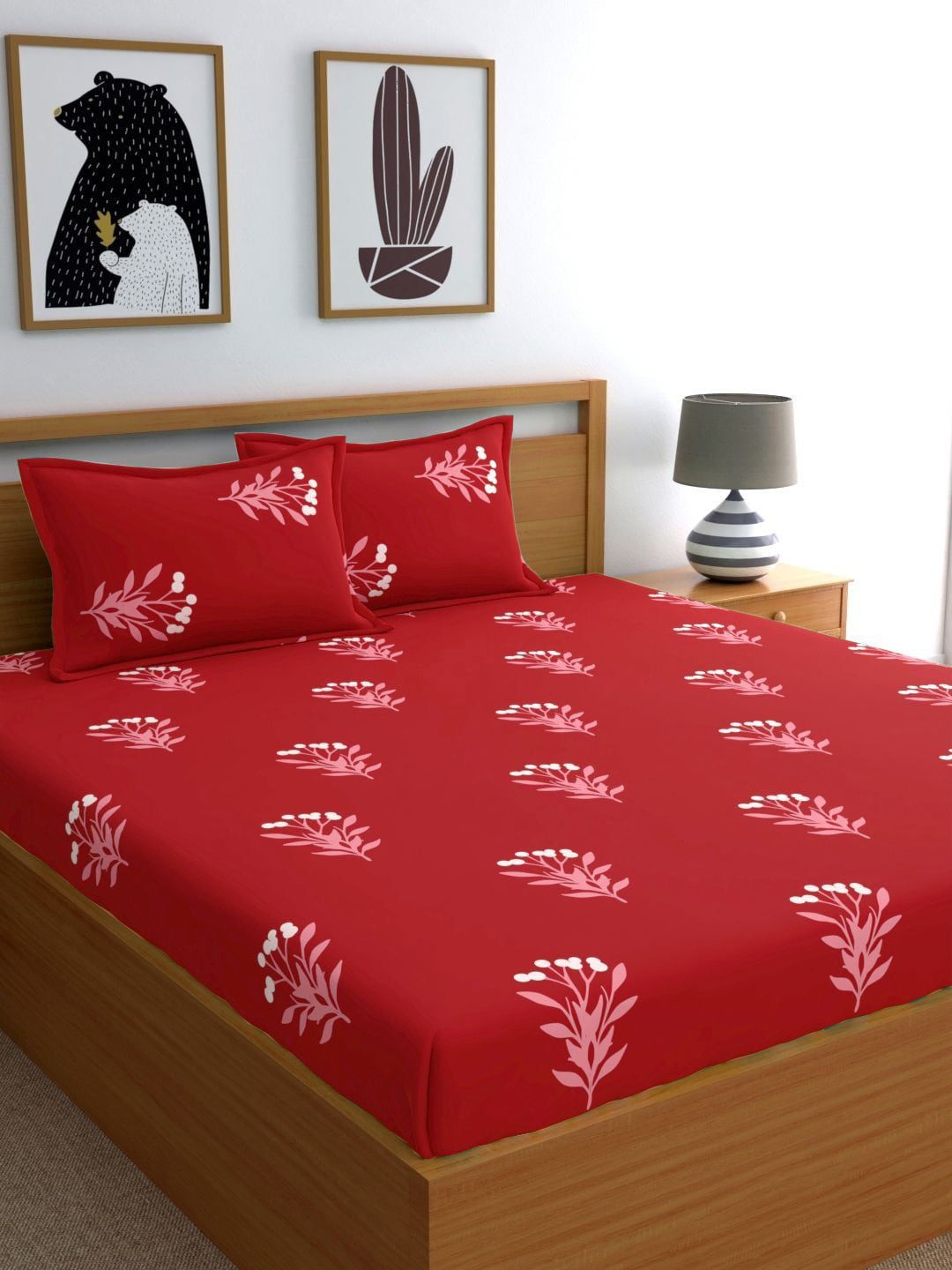 Home Ecstasy Red & White Cotton Floral 140 TC King Bedsheet with 2 Pillow Covers Price in India