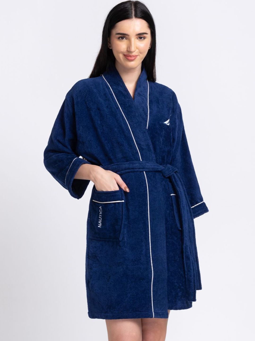 Nautica Women Navy Blue Solid Cotton Bath Robe Price in India