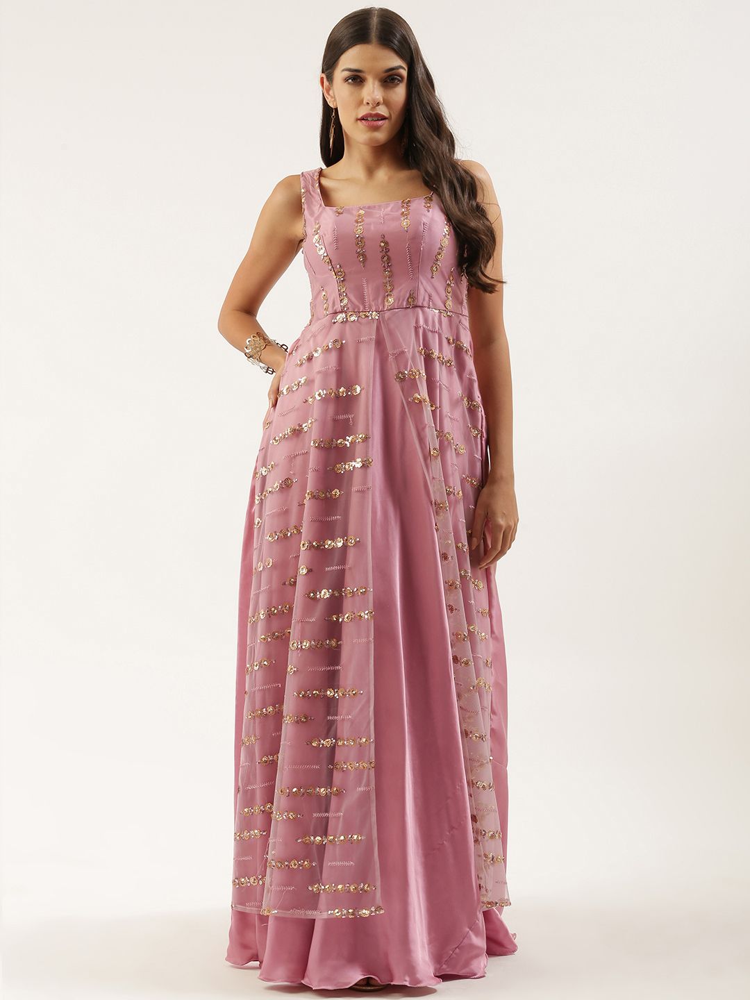 EthnoVogue Mauve Ethnic Motifs Embroidered Net Ethnic Maxi Dress Price in India