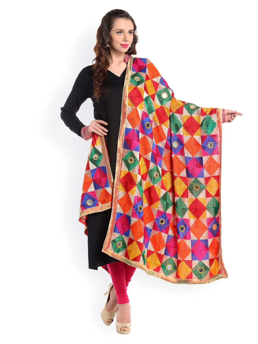 Dupatta Bazaar Multicoloured Phulkari Embroidered Dupatta Price in India
