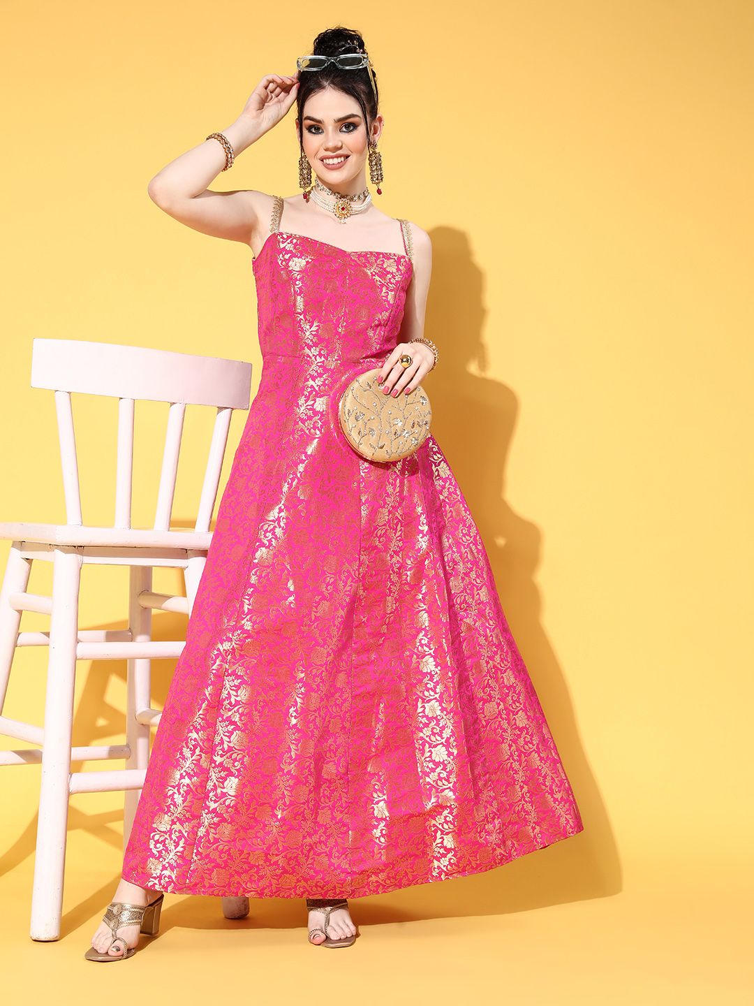 Chhabra 555 Women Pretty Pink Ethnic Motifs Brocade Dress Price in India