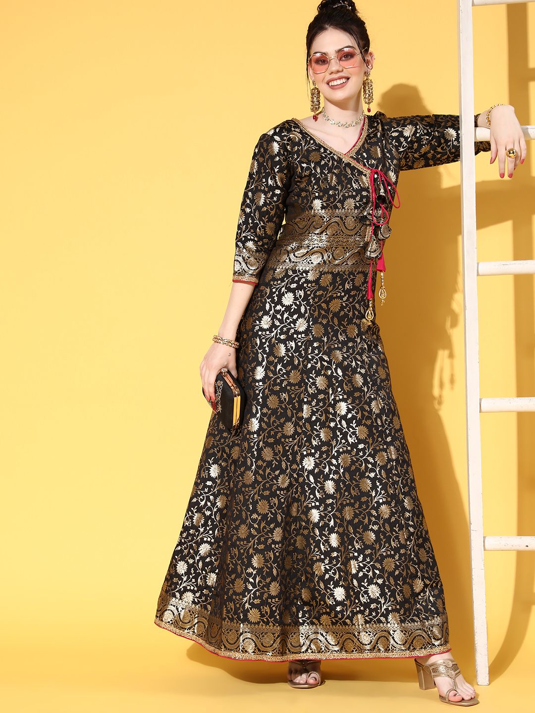Chhabra 555 Women Classy Black Jacquard Brocade Ethnic Dress Price in India