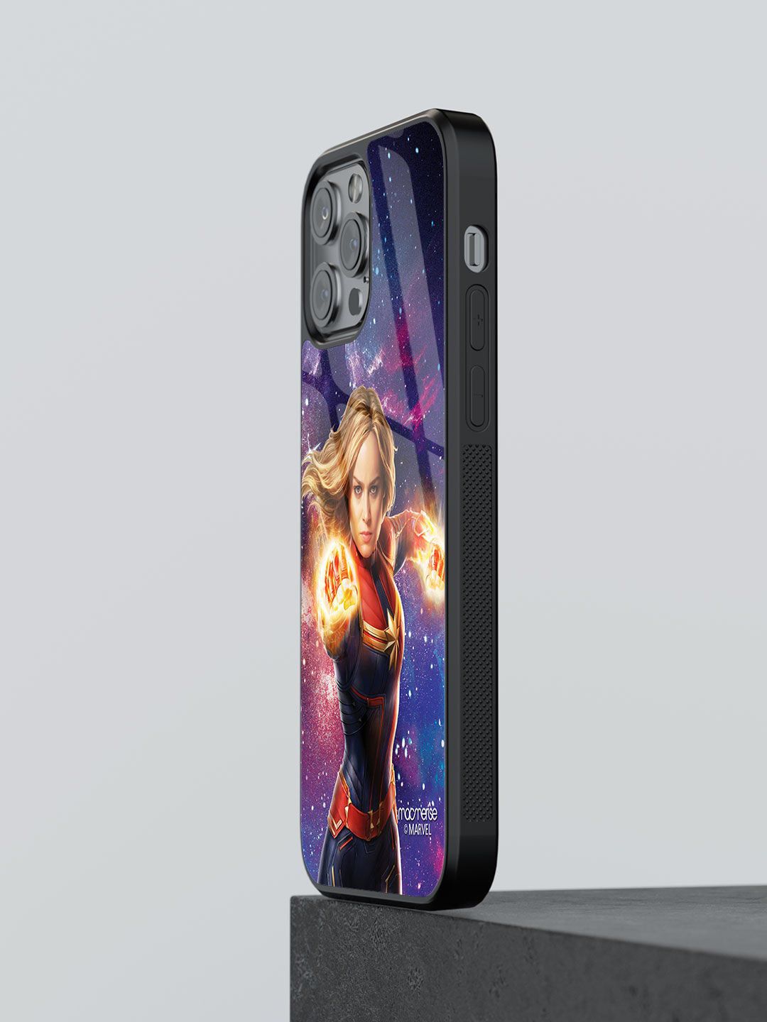 macmerise Blue Fierce Captain Marvel Printed iPhone 13 Pro Max Glass Back Case Price in India