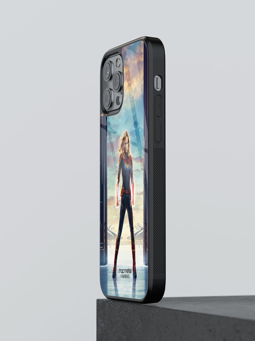 macmerise Black & Blue Printed Captain Marvel Poster Glass iPhone 13 Pro Max Back Case Price in India