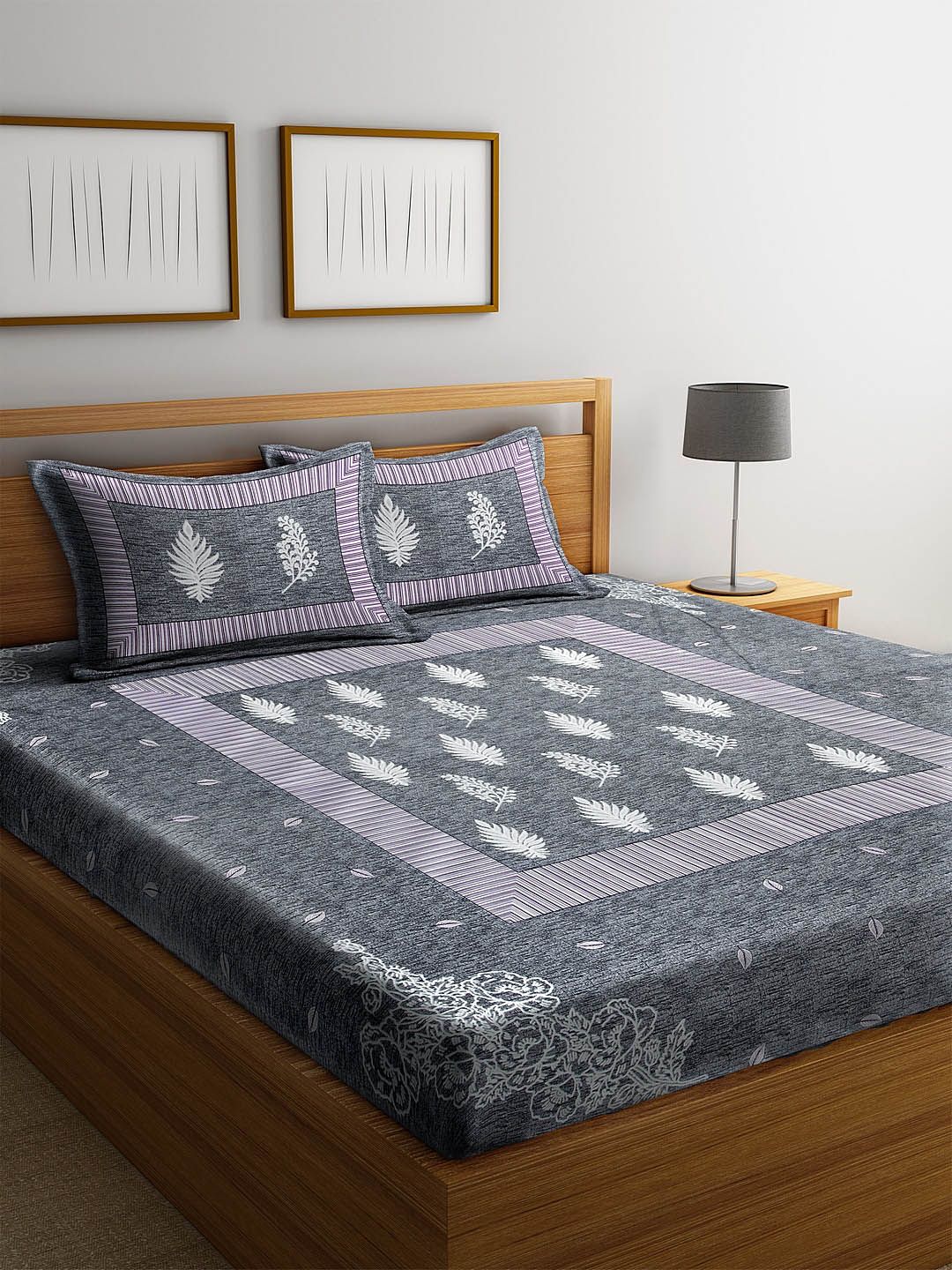 Rajasthan Decor Grey & White Floral 144 TC Queen Bedsheet with 2 Pillow Covers Price in India