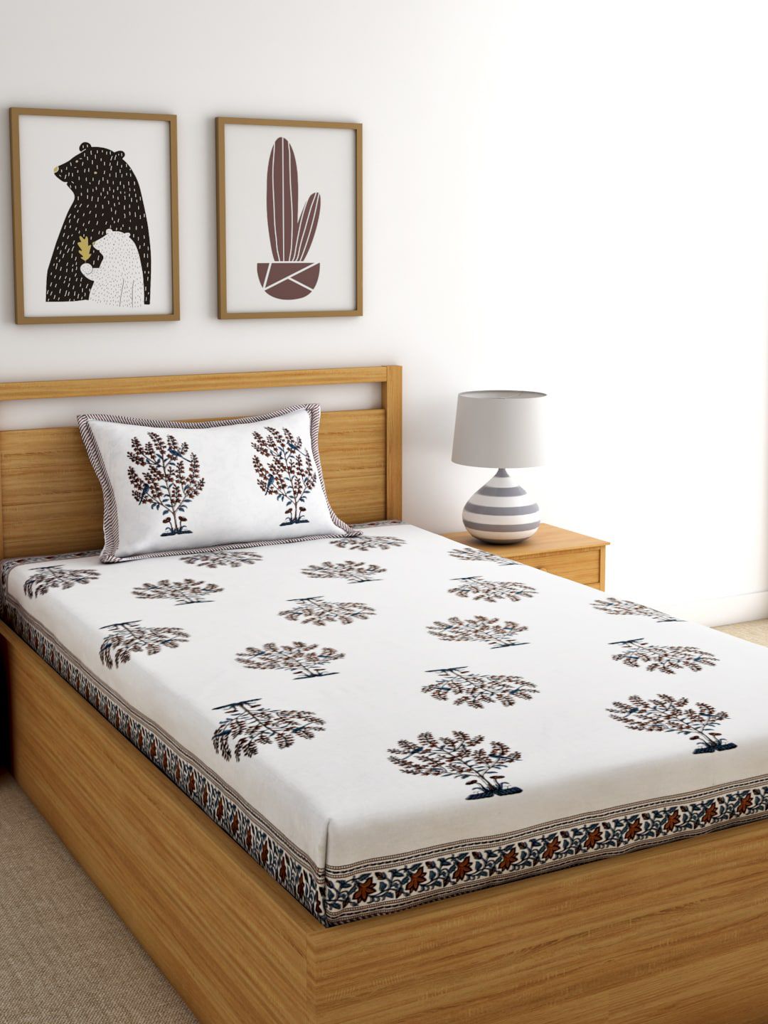 Rajasthan Decor White & Black Floral 144 TC Single Bedsheet with 1 Pillow Cover Price in India