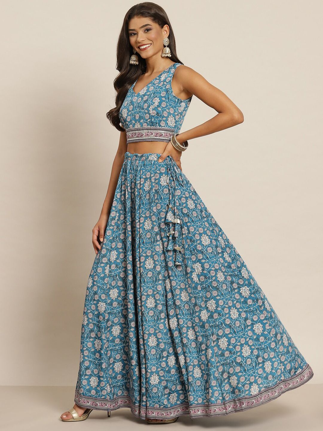 Shae by SASSAFRAS Teal & Pink Printed Ready to Wear Lehenga Price in India