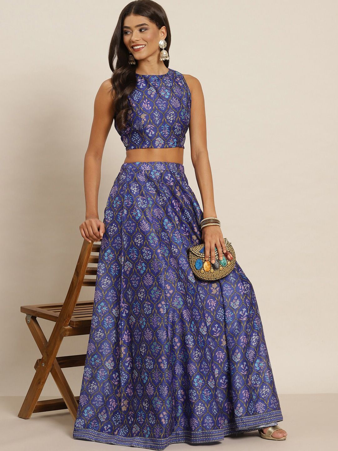 Shae by SASSAFRAS Purple & Blue Printed Ready to Wear Lehenga & Choli Price in India