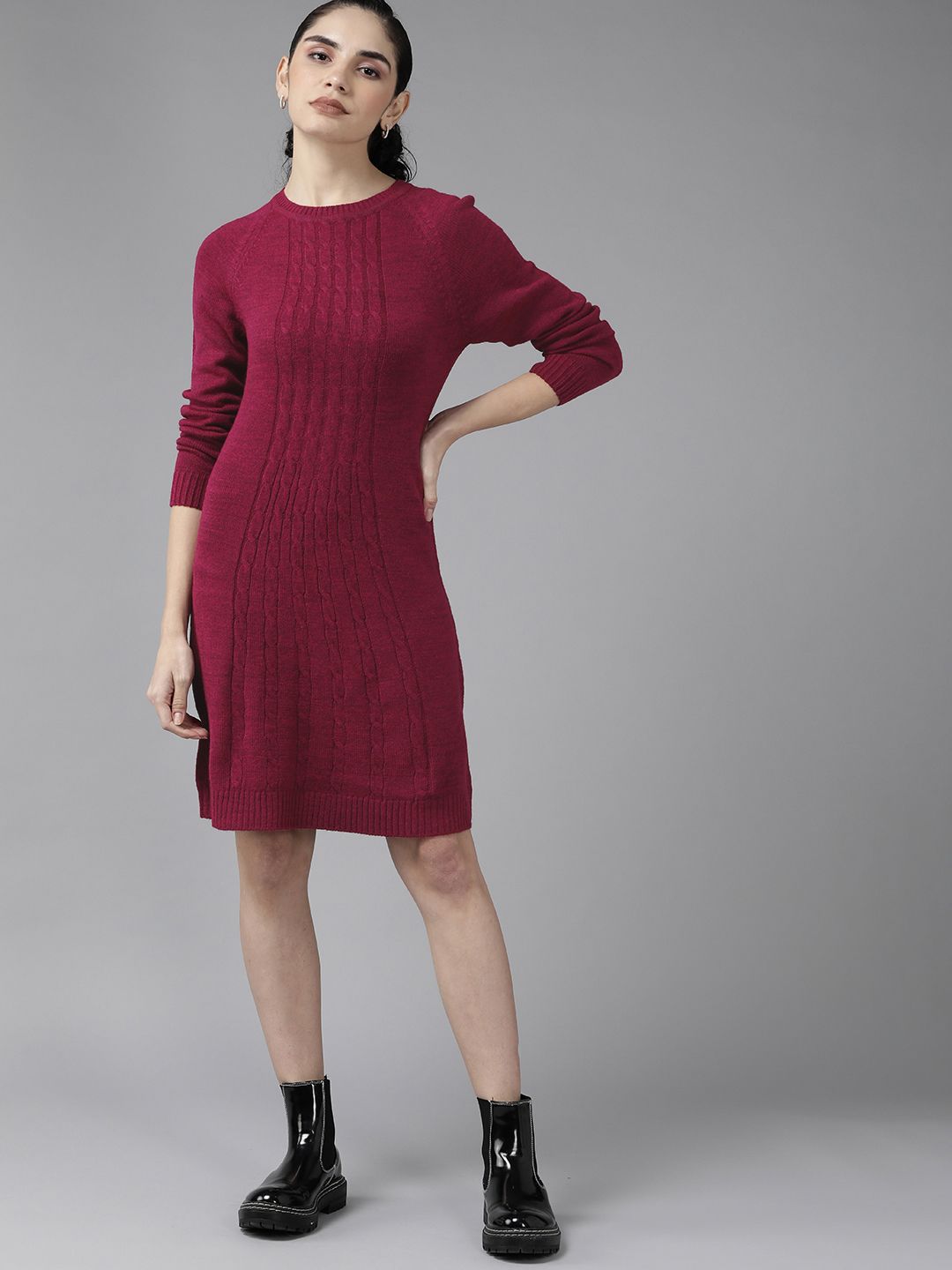 Roadster Women Maroon Cable Knit Sweater Dress Price in India