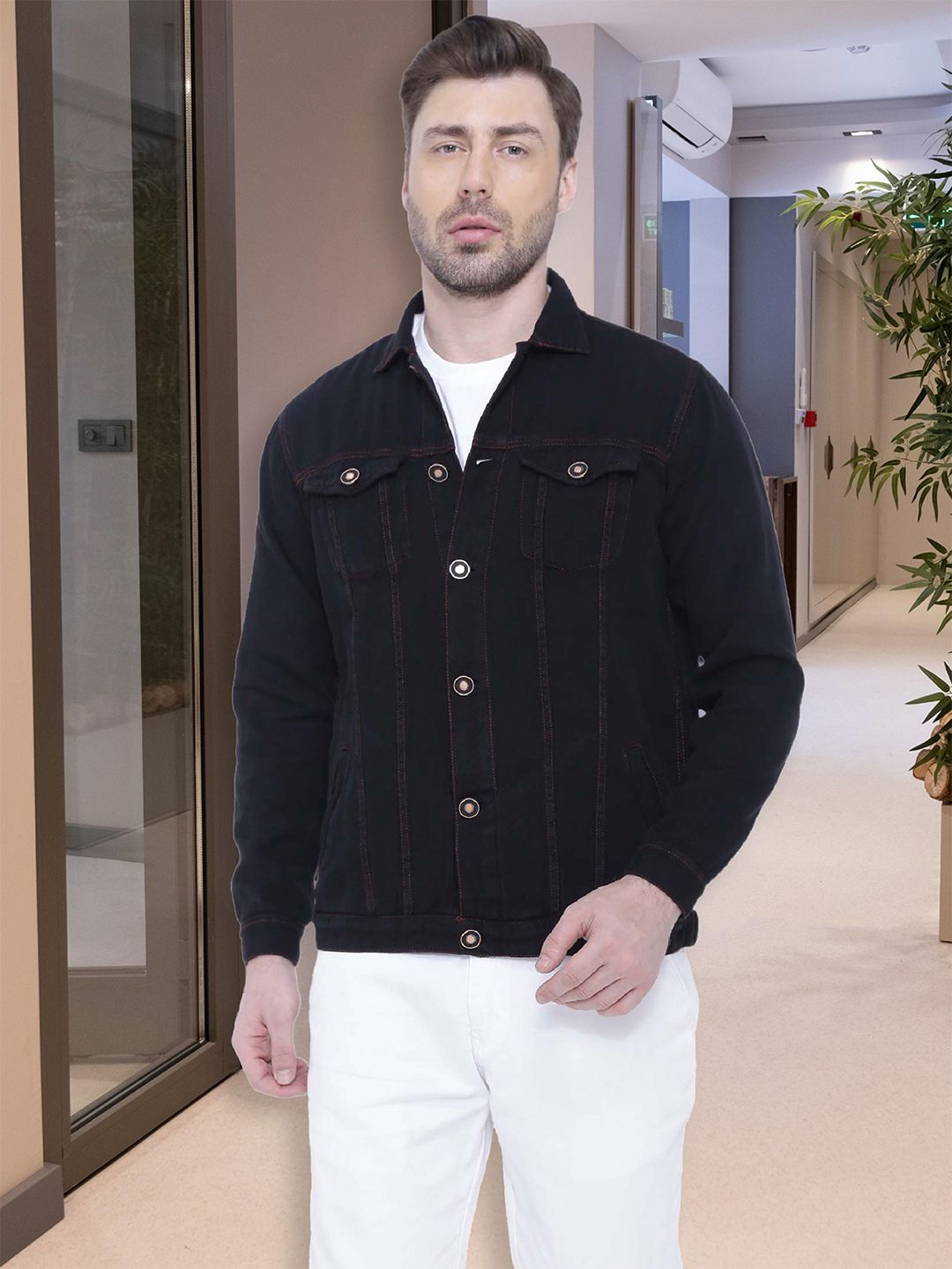 Kuons Avenue Men Black Striped Crop Denim Jacket