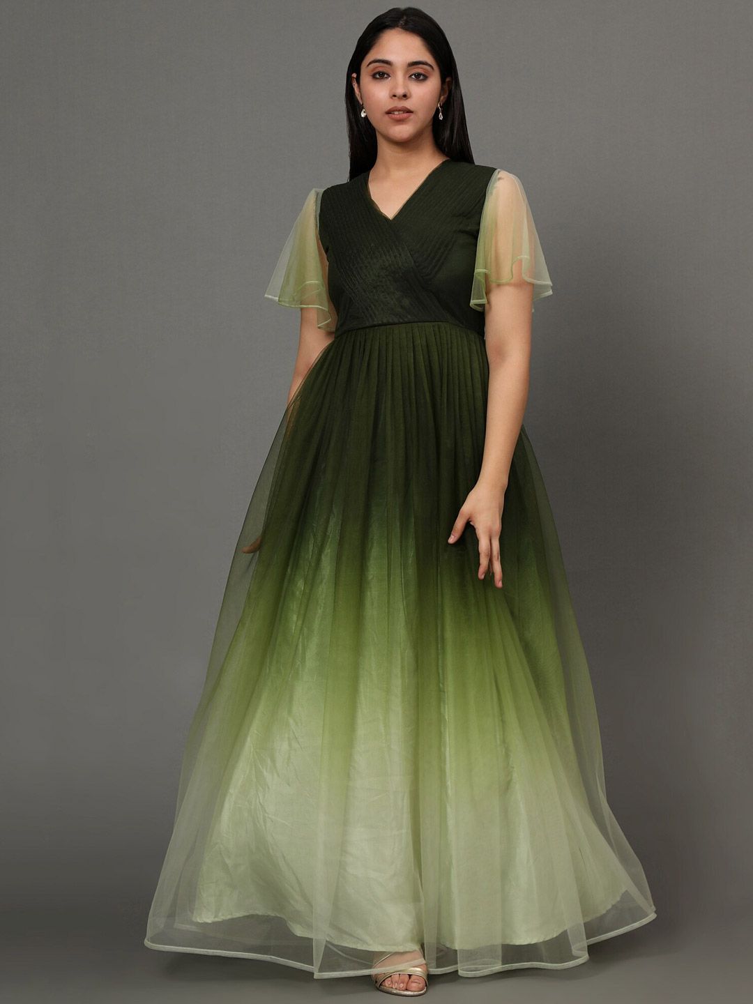 VAANI CREATION Green Dyed Net Ethnic Maxi Dress Price in India