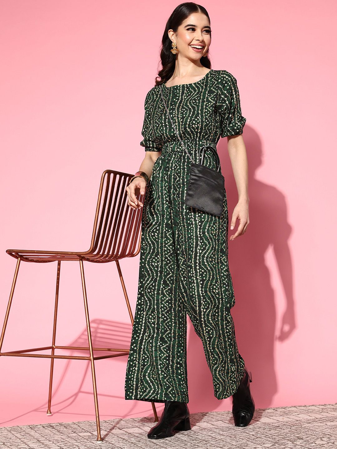 HERE&NOW Green & Golden Bandhani Print Basic Jumpsuit Price in India