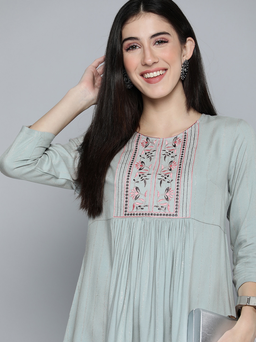 HERE&NOW Grey Floral Embroidered & Striped Thread Work Festive Pleated Straight Kurti Price in India
