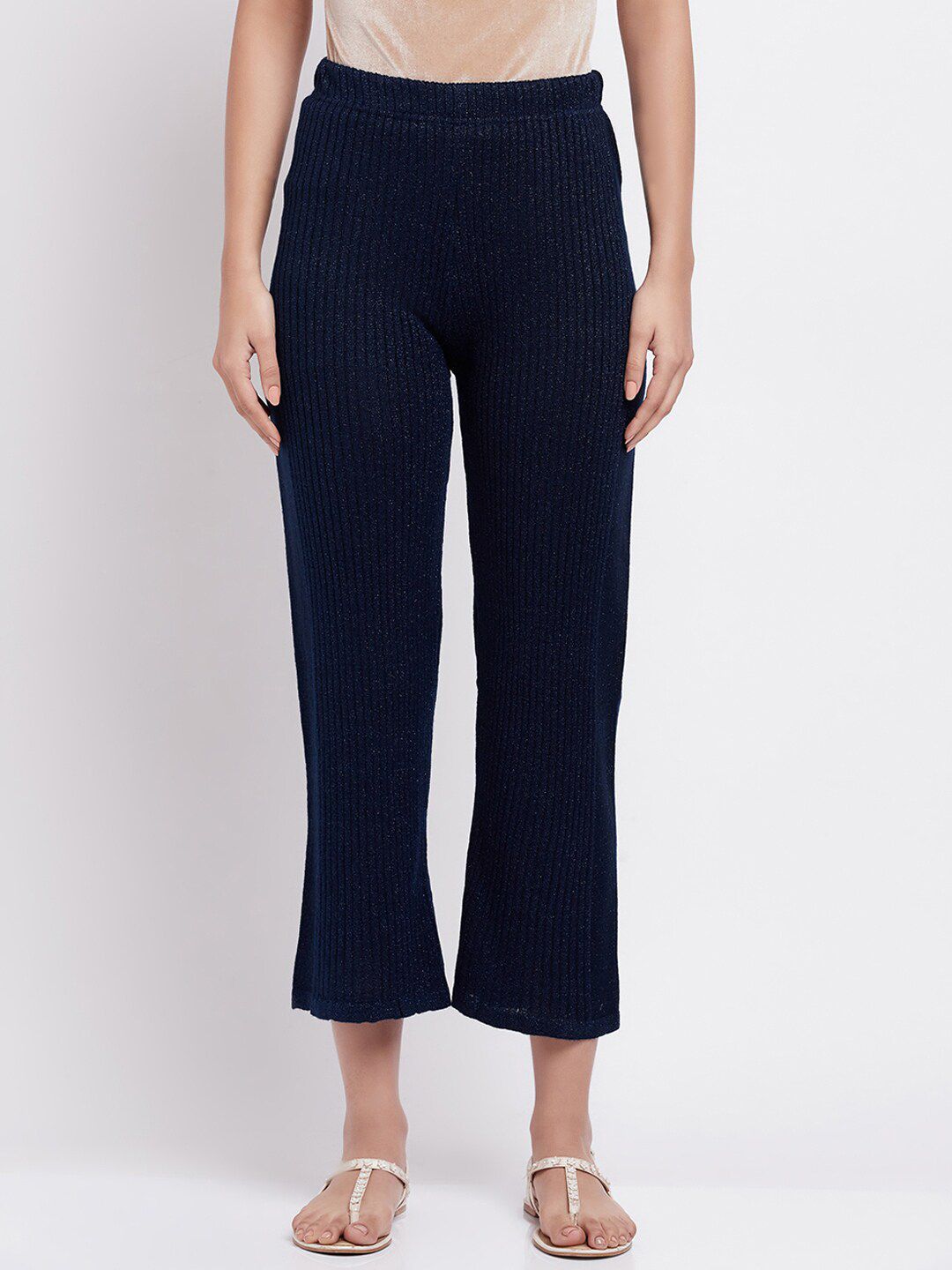 elleven Women Blue Solid Knitted Ethnic Palazzos