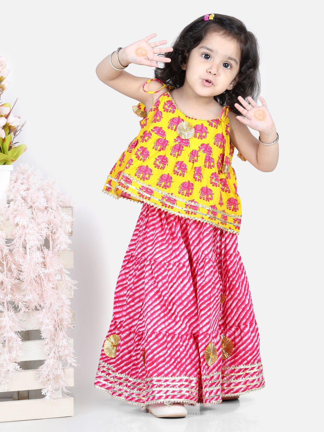 BownBee Girls Yellow & Pink Printed Top with Skirt