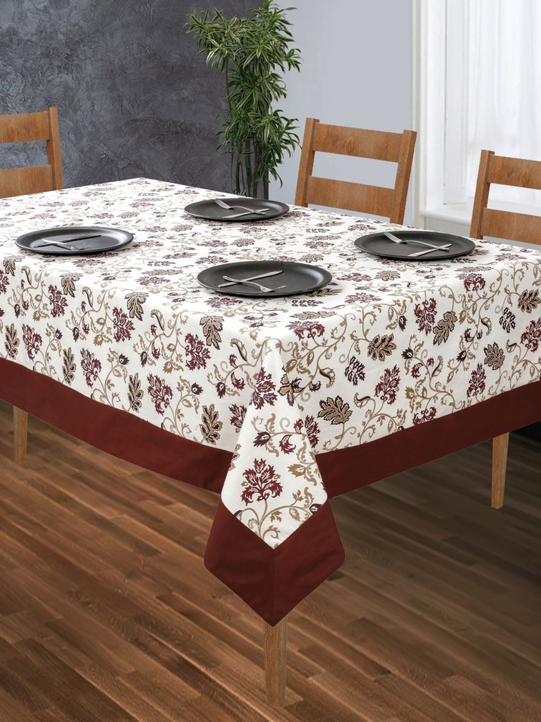 SHADES of LIFE Brown & White Printed Cotton 2-Seater Table Cover Price in India
