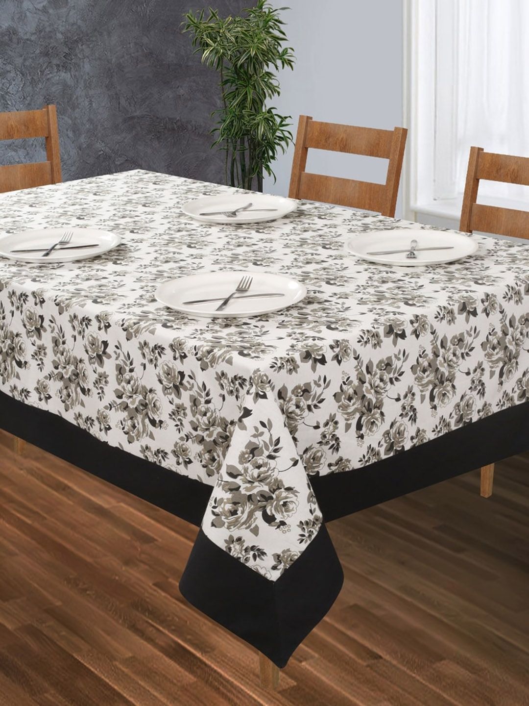 SHADES of LIFE Black & White Printed Cotton 6-Seater Table Cover Price in India