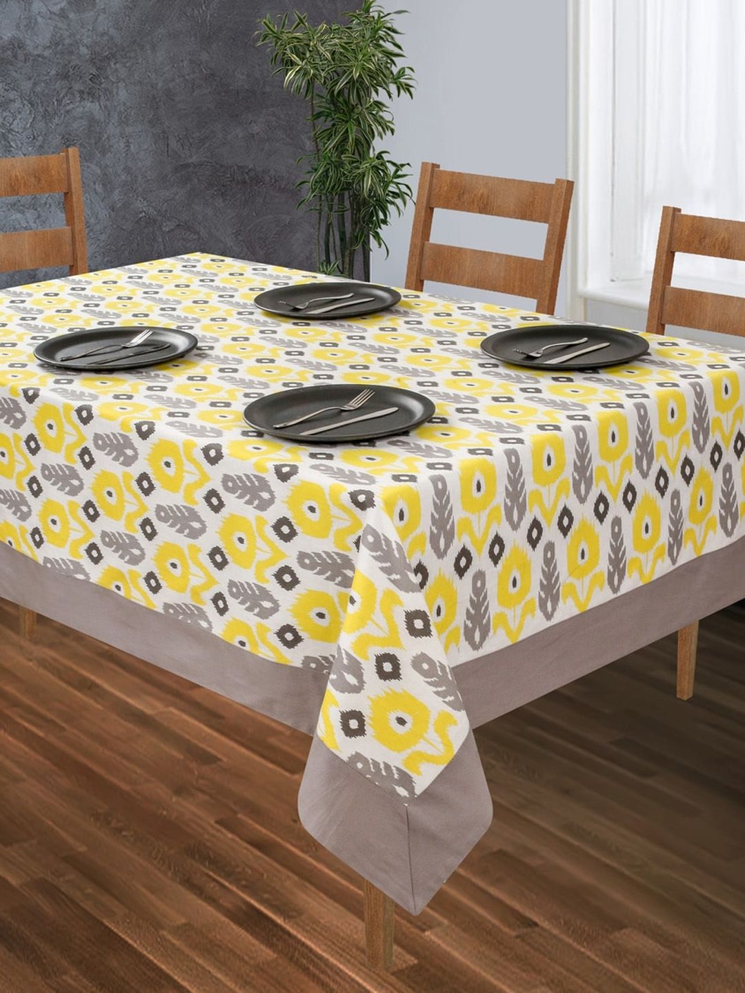 SHADES of LIFE Yellow & Grey Ikkat Printed 4 Seater Table Cover Price in India