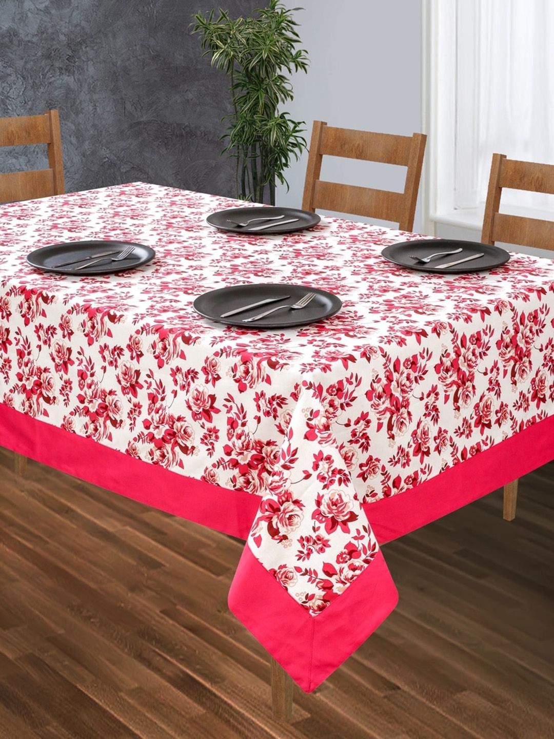 SHADES of LIFE Pink & White Printed Cotton 4-Seater Table Cover Price in India