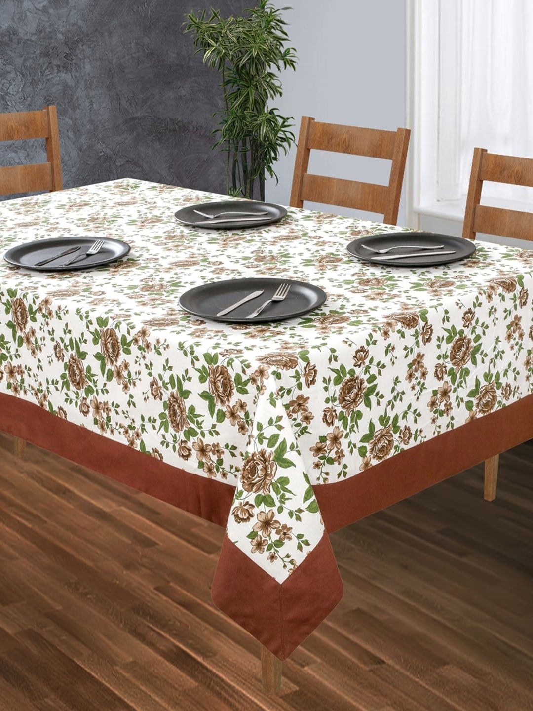 SHADES of LIFE Brown & White Printed Cotton 4-Seater Table Cover Price in India
