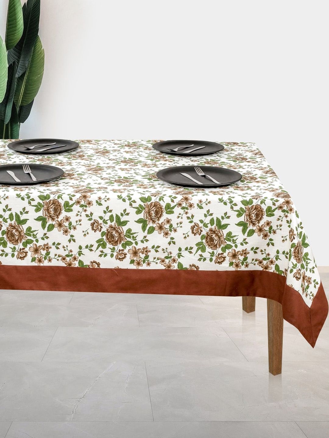 SHADES of LIFE Brown & White Printed Cotton 2-Seater Table Cover Price in India