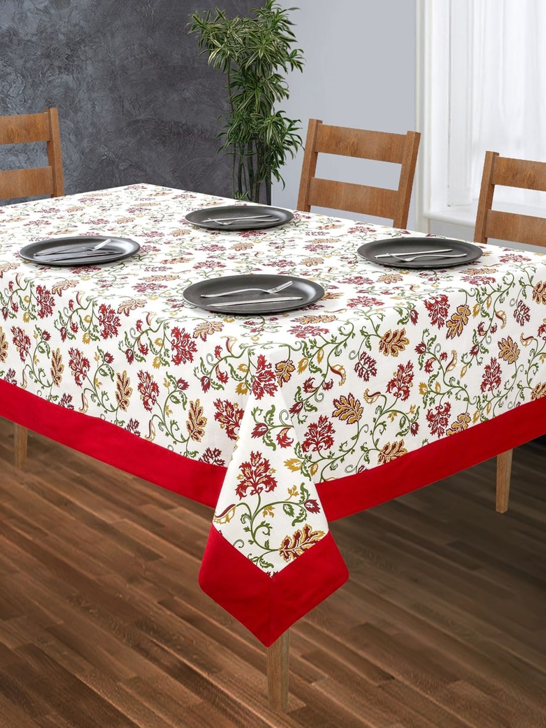 SHADES of LIFE Red & White Printed Cotton 6-Seater Table Cover Price in India