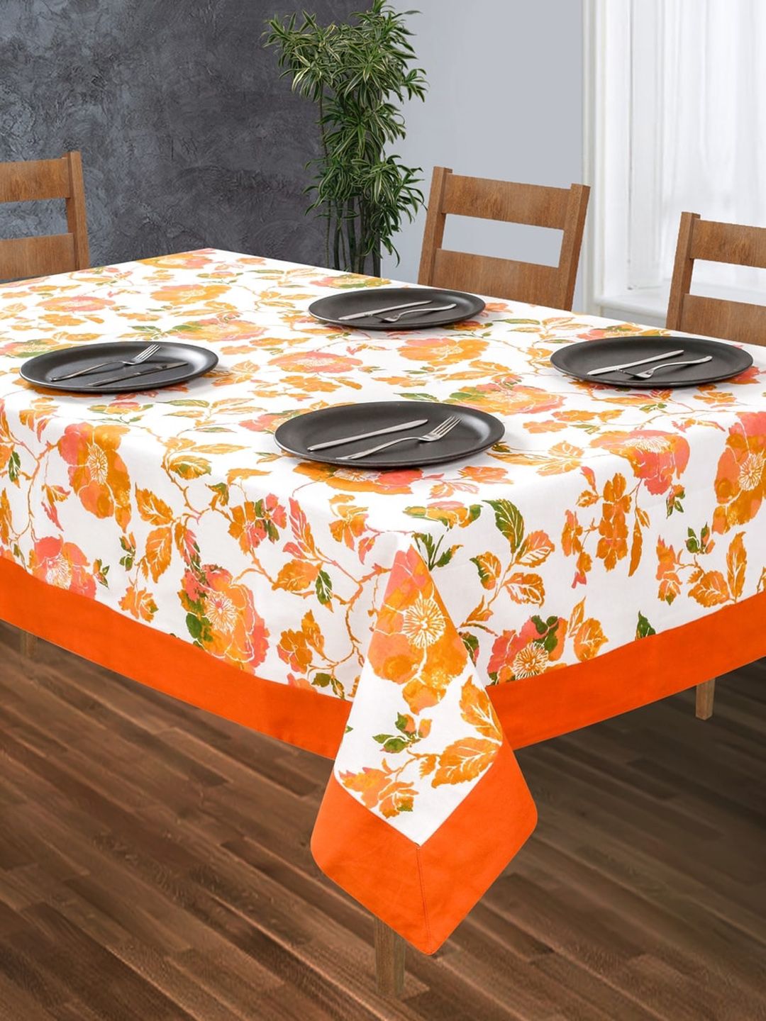 SHADES of LIFE Orange Colored Floral Printed Pure Cotton 4 Seater Table Covers Price in India