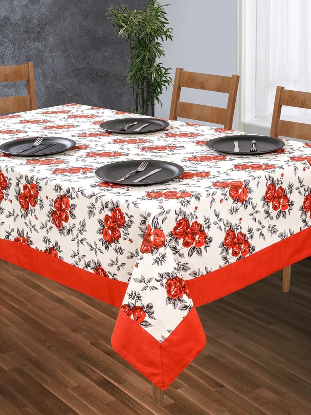 SHADES of LIFE Red Printed Pure Cotton 8-Seater Dining Table Cover Price in India