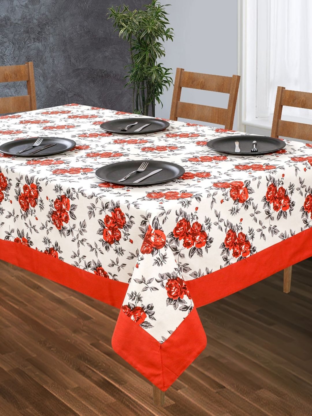 SHADES of LIFE Red & White Floral Printed Pure Cotton 6 Seater Table Covers Price in India
