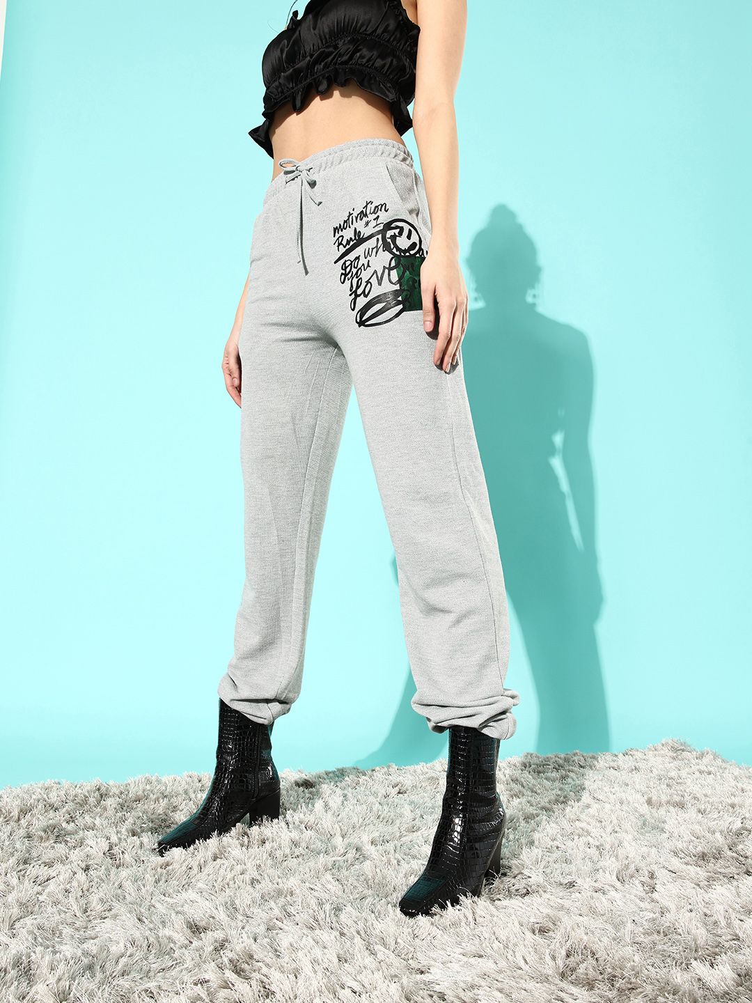 Stylecast X Hersheinbox Women Stunning Grey Typography Graphic Attack Trousers Price in India