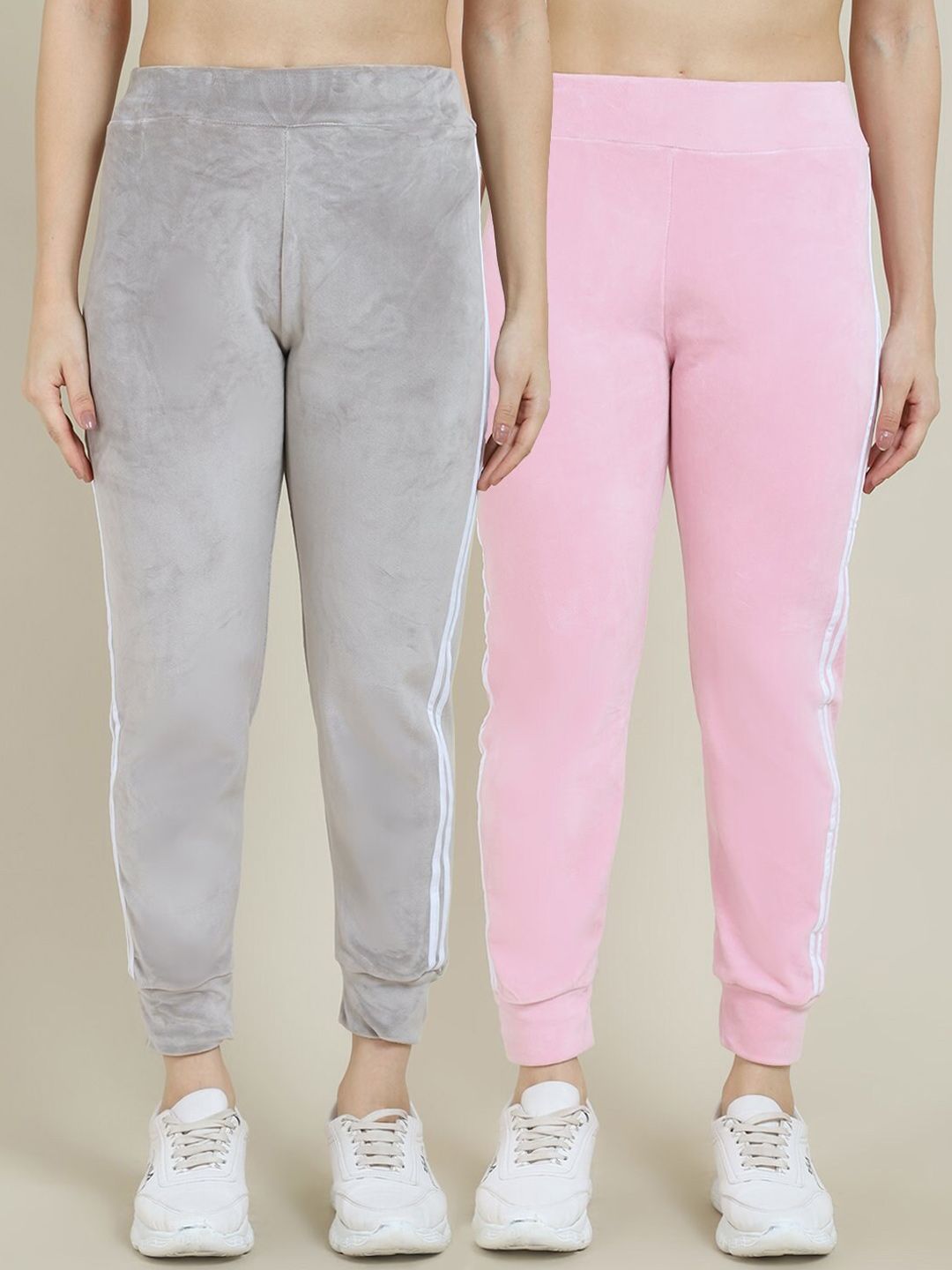 Miaz Lifestyle Women Pack Of 2 Grey & Pink Solid Cotton Slim-Fit Joggers Price in India