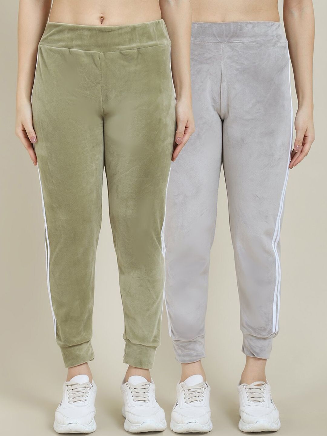 Miaz Lifestyle Women Pack Of 2 Grey & Green Solid Cotton Slim-Fit Joggers Price in India