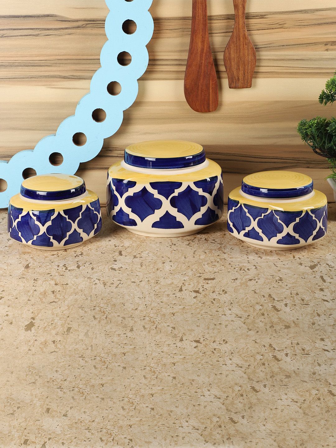 CDI Set Of 3 Blue Textured Printed Ceramic Jar Set Price in India