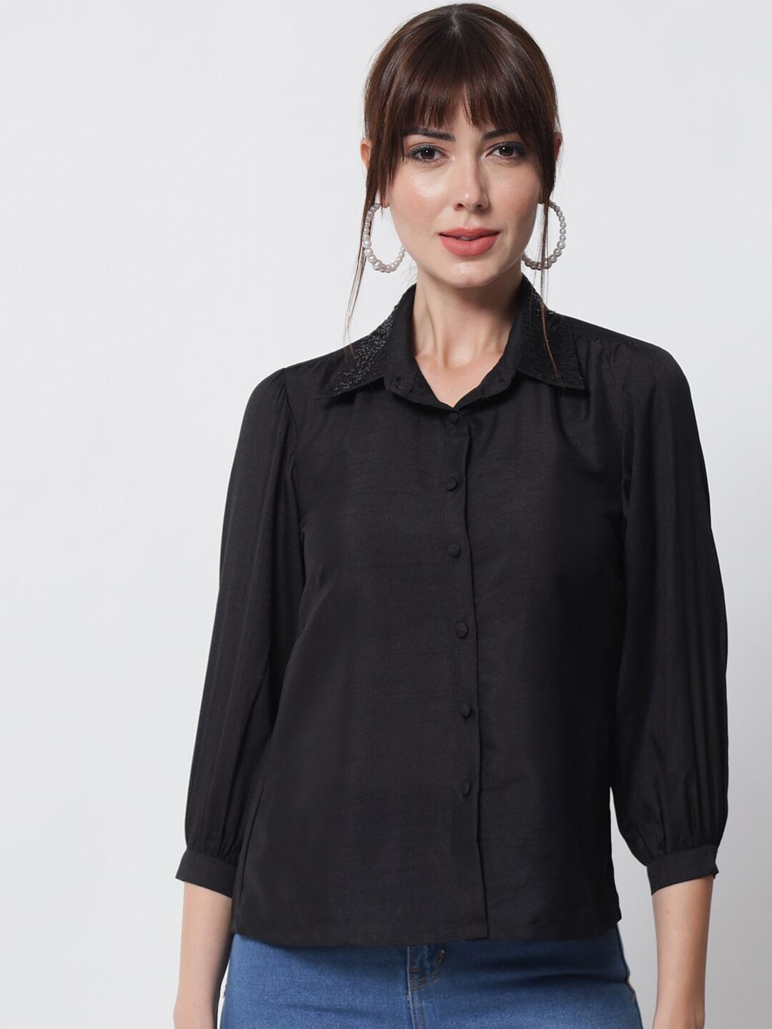 studio rasa Women Black Sequins Shirt Style Top Price in India