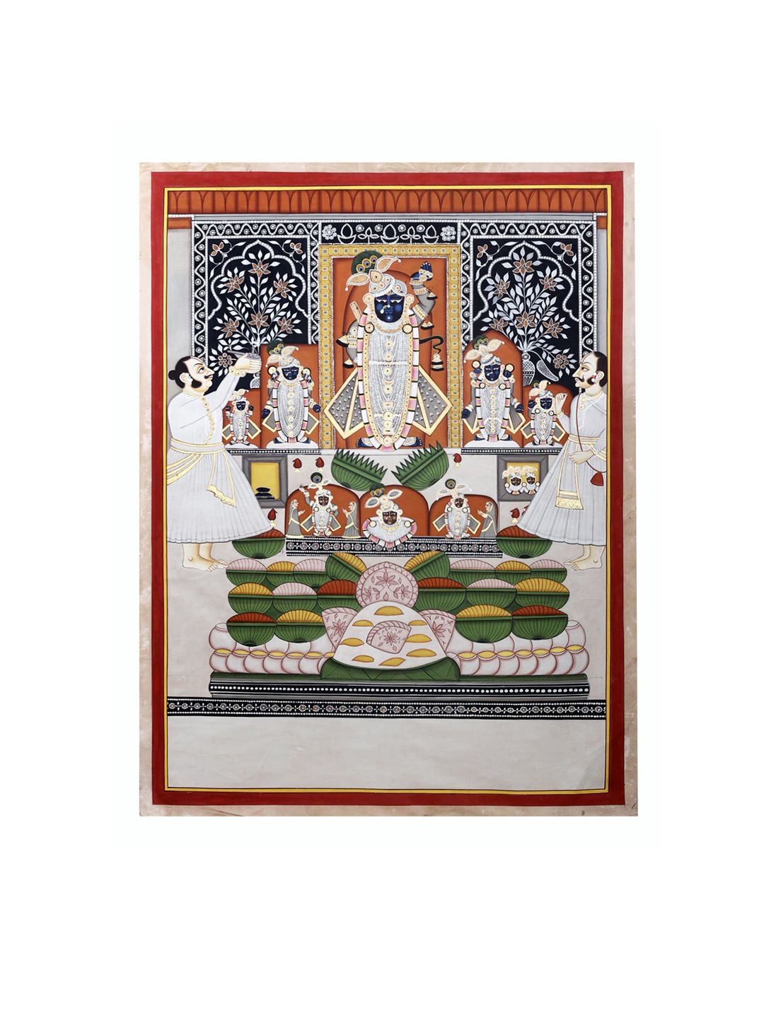 Exotic India White & Green Annakuta- Govardhan Puja Srinath Ji Pichwai Painting Wall Art Price in India