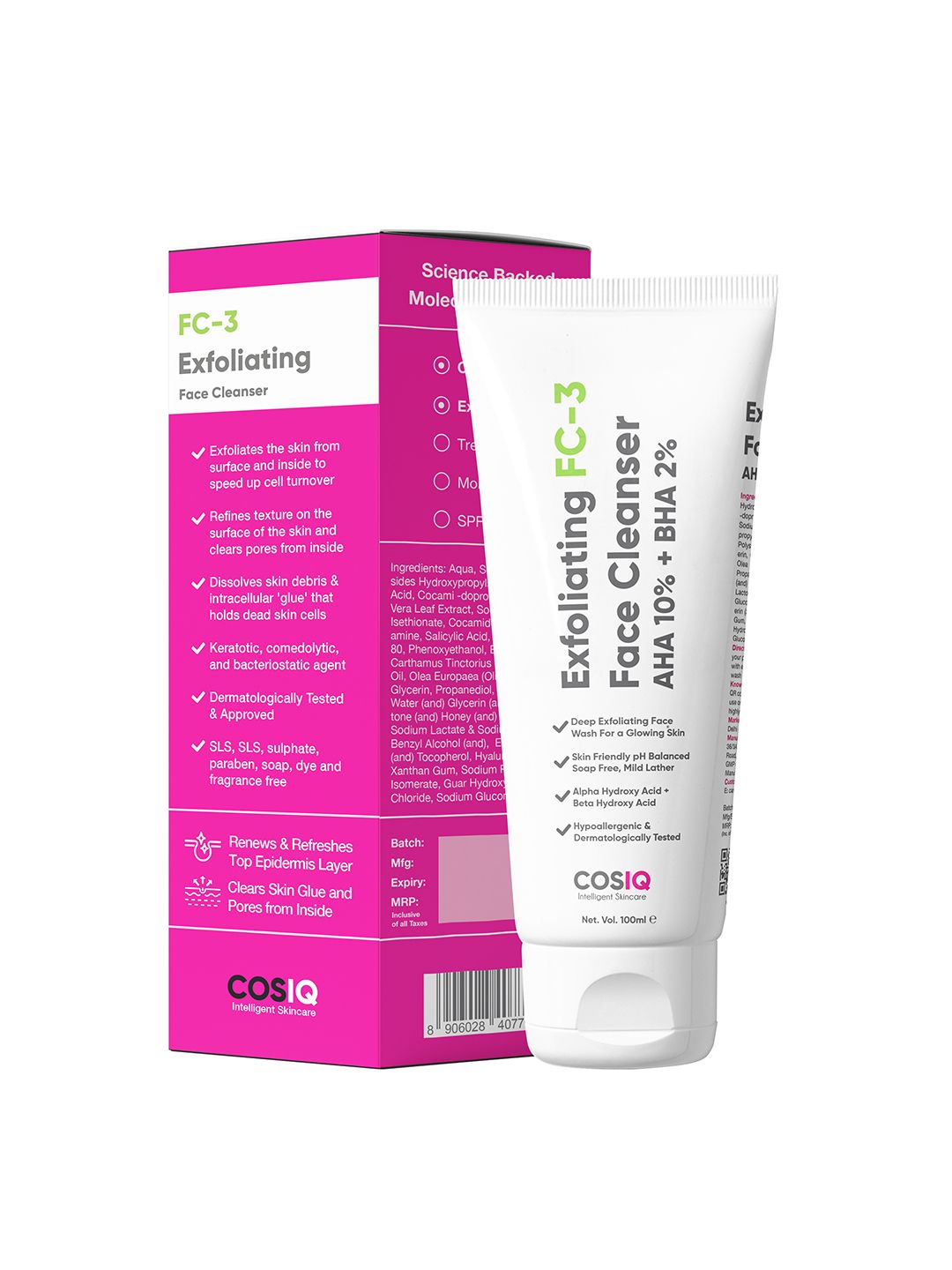 CosIQ Exfoliating FC-3 Face Cleanser AHA 10% + BHA 2% Face Wash - 100ml