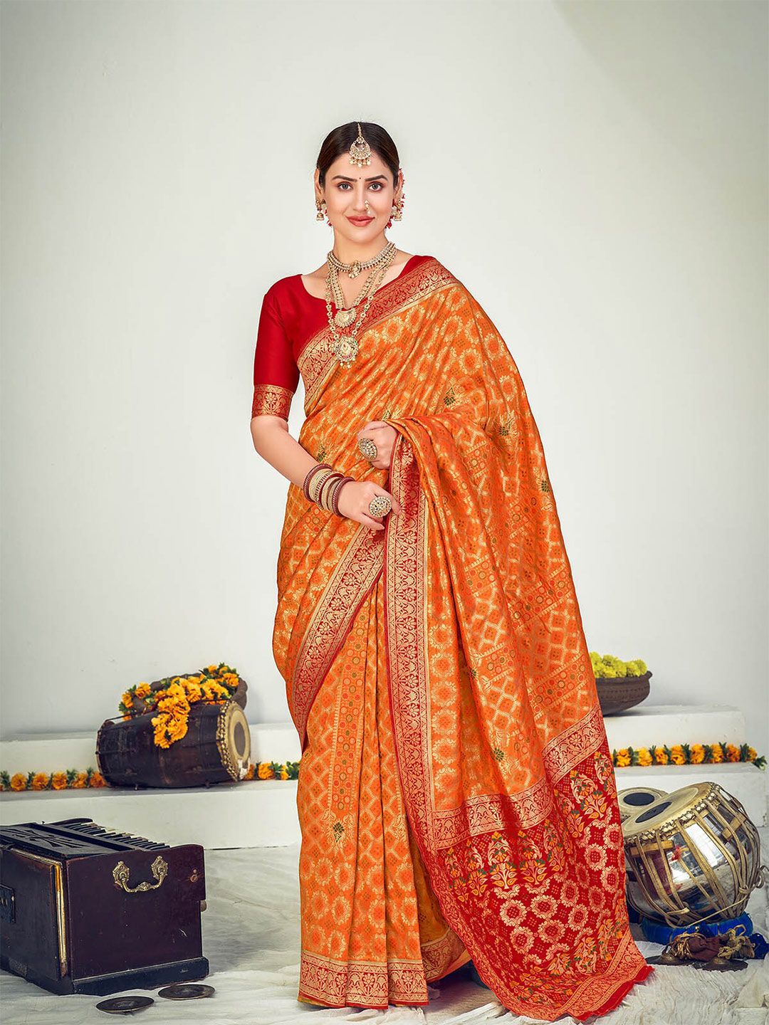 ODETTE Orange & Red Ethnic Motifs Zari Silk Blend Banarasi Saree Price in India