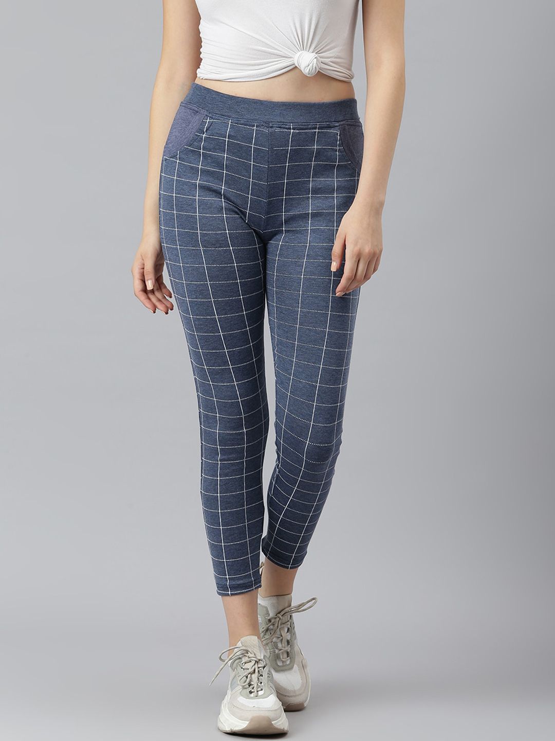 Aarika Women Blue & White Checked Slim-Fit Tights Price in India