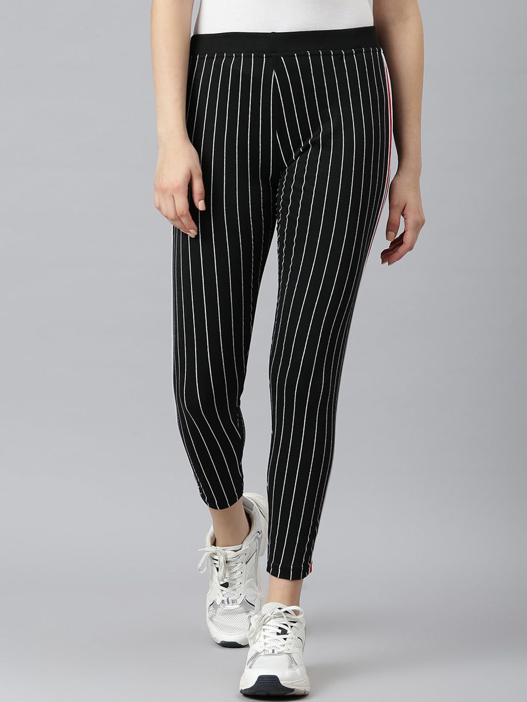 Aarika Women Black & White Striped Slim-Fit Track Pant Price in India