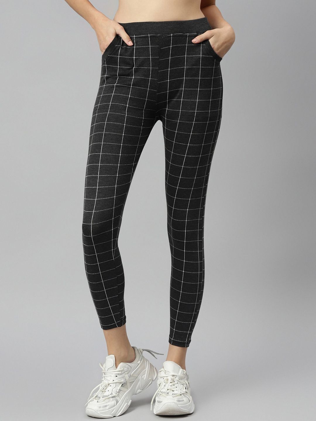 Aarika Women Grey Checked Slim-Fit Track Pants Price in India