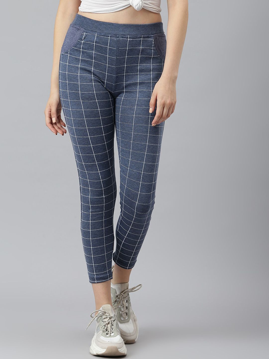 Aarika Women Blue Checked Slim-Fit Track Pant Price in India