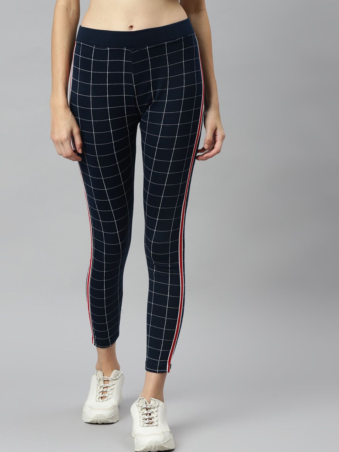 Aarika Women Navy Blue Checked Slim-Fit Track Pant Price in India