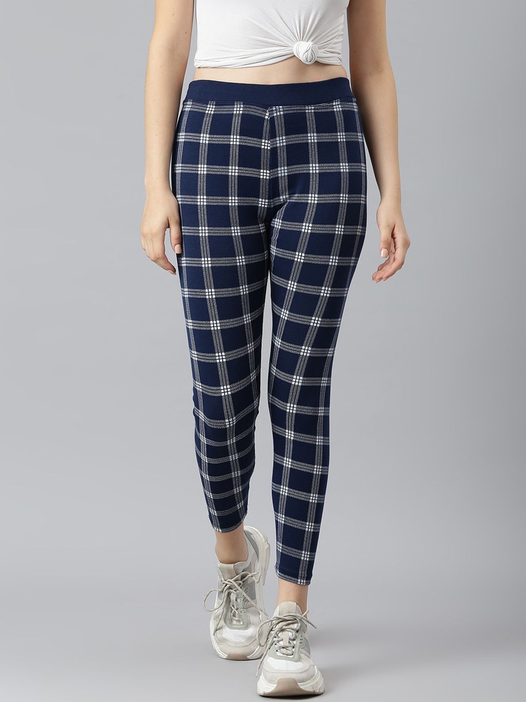 Aarika Women Navy Blue Checked Rapid Dry Slim-Fit Track Pant Price in India