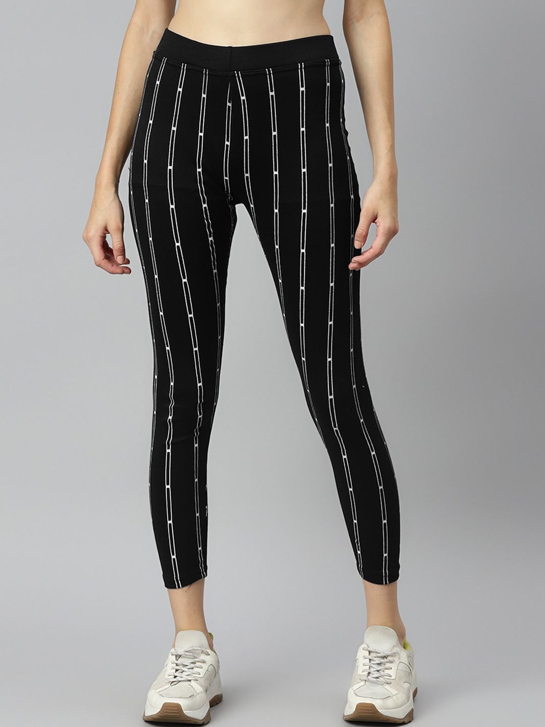 Aarika Women Black And White Striped Rapid Dry Slim-Fit Track Pant Price in India